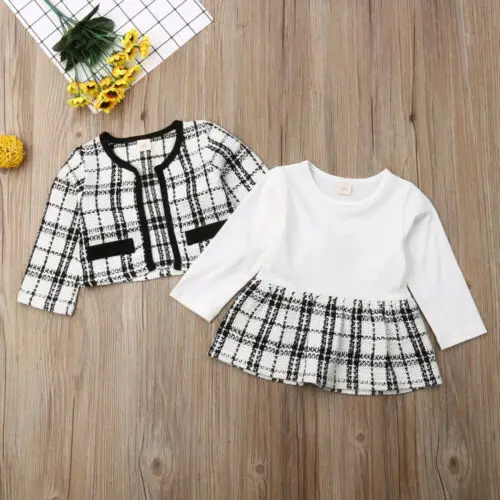 2PCS Autumn Winter Spring Party Baby Girls Clothes Plaid Coat Tops+Tutu Dress Formal Outfits Fit For 0-6 Years