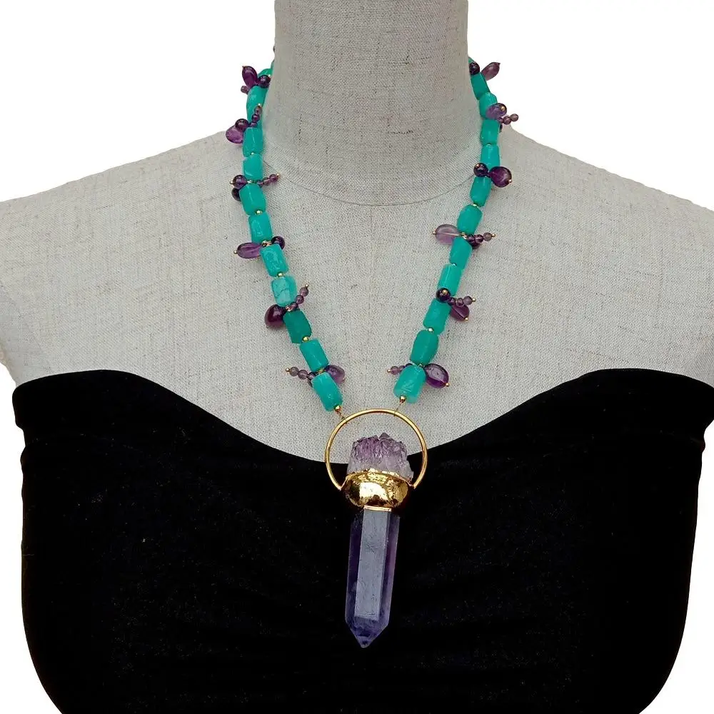 Y·YING  Natural Peruvian Amazonite Amethyst Necklace Purple Fluorite Point Amethyst Druzy Pendant 20