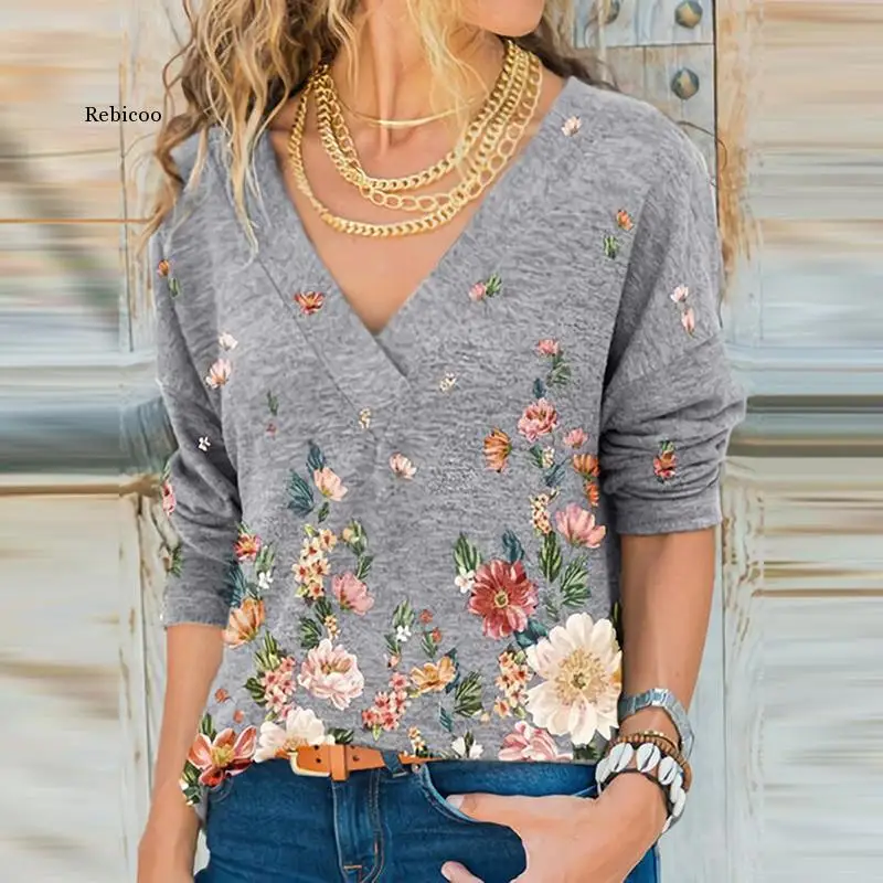 Women Vintage Flower Printed t Shirt 2021 New Spring Casual Loose V-Neck 5Xl Tops Office Lady  Long Sleeve Tee Clothes