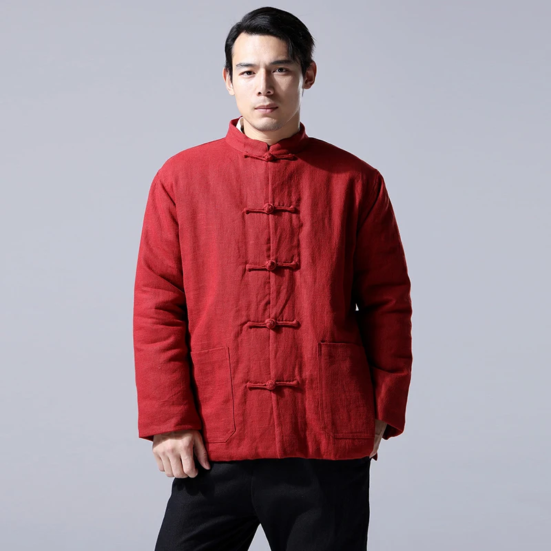 LZJN-Traditional Chinese Winter Jacket for Men, Cotton Linen Parka, Warm Cotton-Padded Tang Suit Jacket