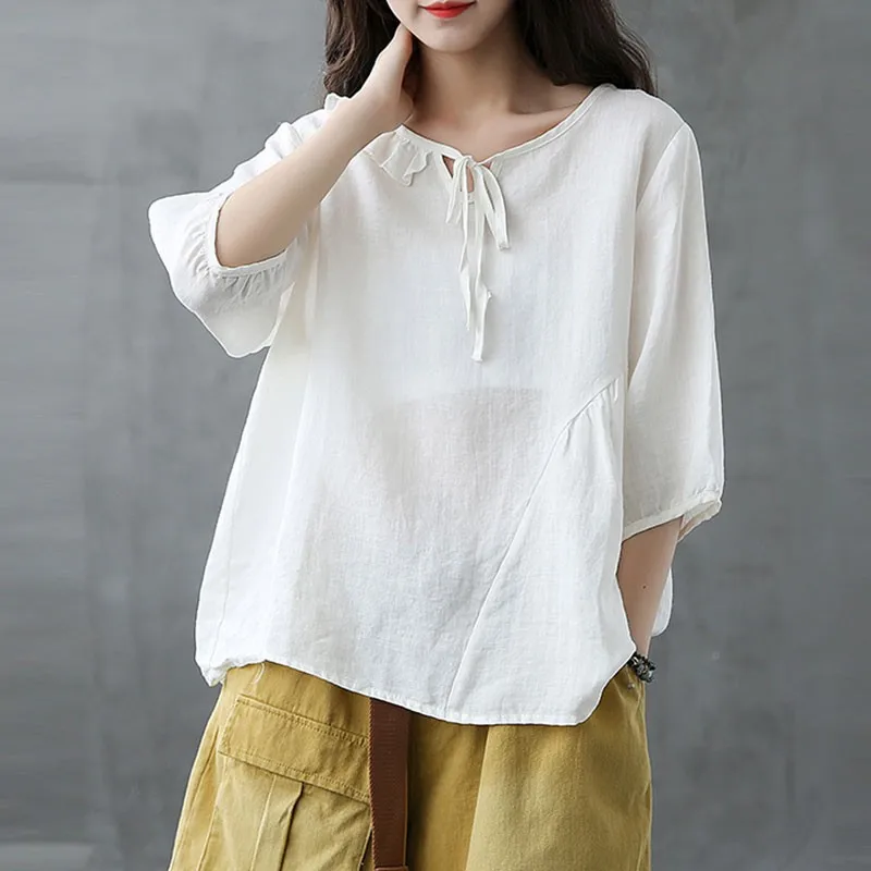 Women Cotton Linen Casual T-shirts New Arrival 2021 Summer Vintage Style O-neck Ruffles Loose Female Half Sleeve Tops Tees S3734