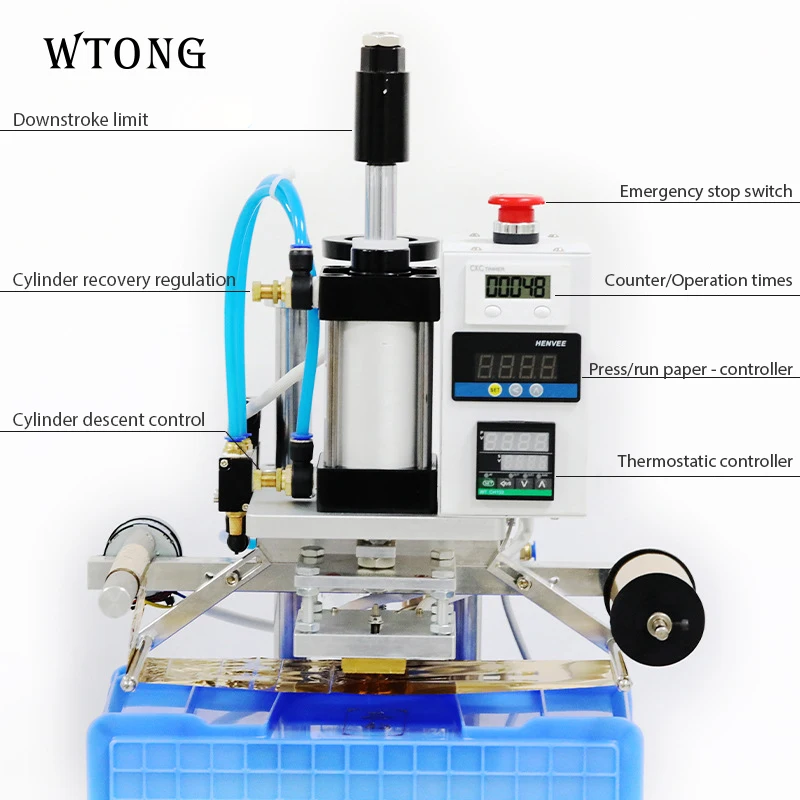 WTONG QS100 mini pheumatic skrzynia obrotowa maszyna stemplująca gorącą folią plastikowe pudełko logo znak towarowy drewno skóra tłoczenie