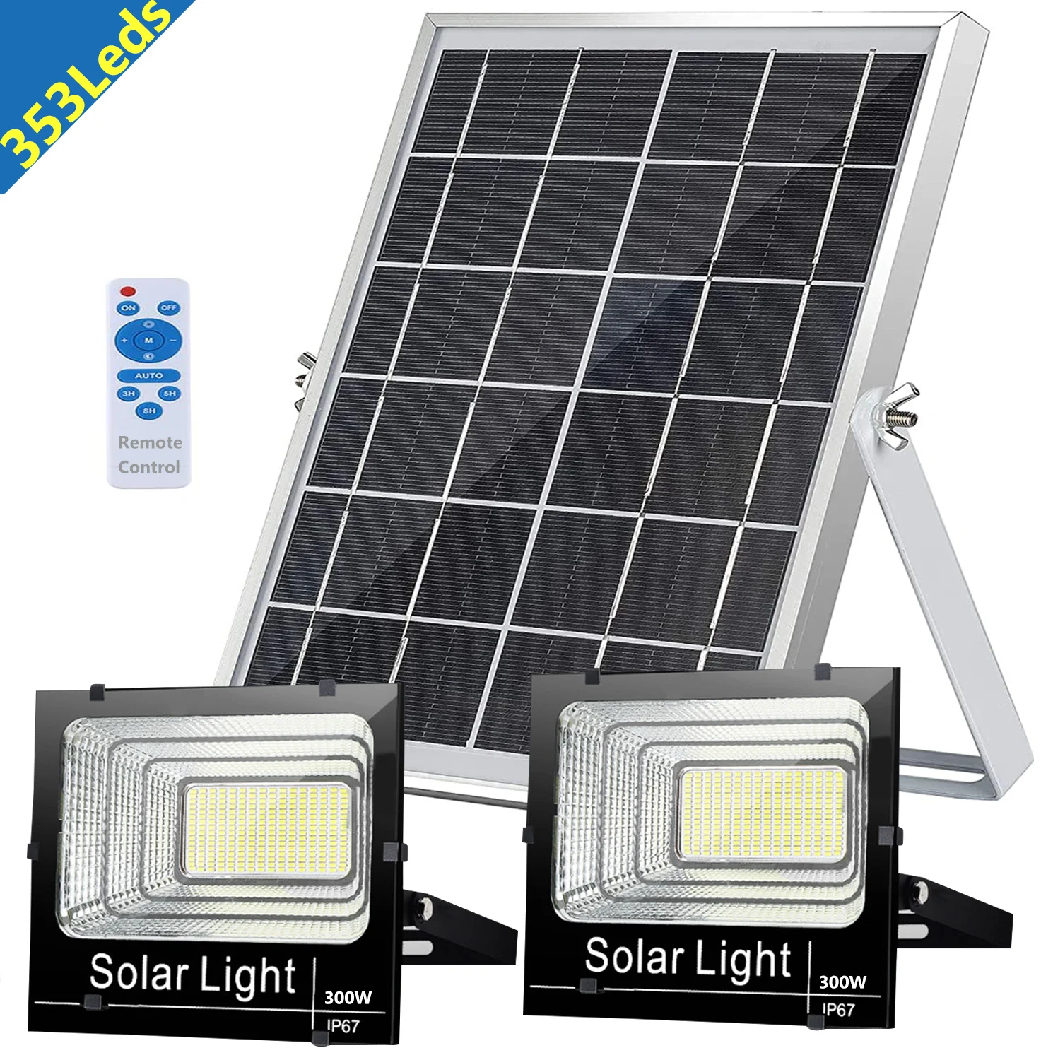 300W LED Upgraded 353 LEDs Solar Flood Lights Outdoor IP67 Waterproof 6500K Auto On/Off with Remote for Yard Garden Path Patio