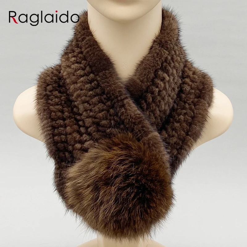 

Women Scarf Natural Mink Fur Scarf Winter Female Warm Shawls Stylish Solid Knitted Neckwarmer 62cmx10cm