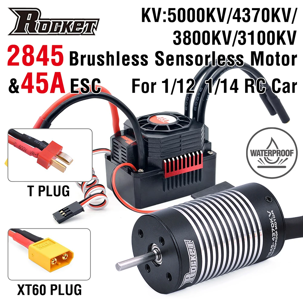 Rocket 2845 Waterproof Brushless Sensorless Motor 3100KV 3800KV 4370KV 5000KV w/45A ESC for Traxxas HSP Road 12428 1/12 RC Car