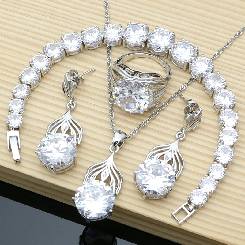 

Exaggerated White Big Topaz 925 Silver Jewelry Sets Needle Earrings Rings Fine Women Jewellry Bride Necklace Set Dropshipping