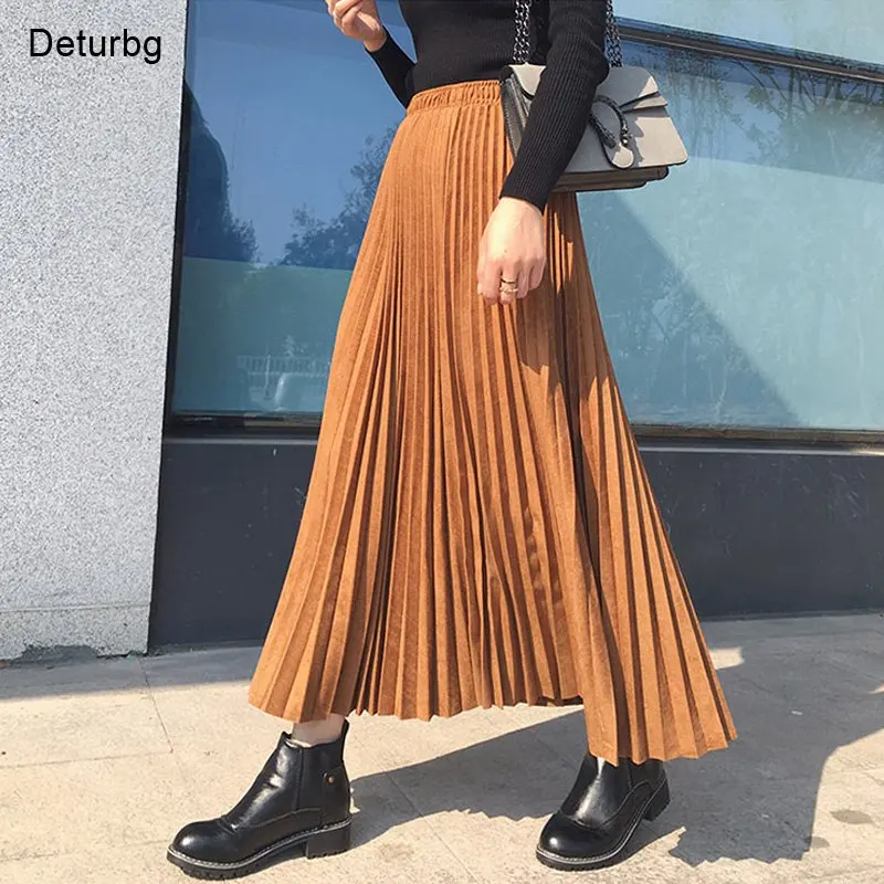 Women's Elegant Suede Midi Skirt Korean Vintage Female High Waist Pleated Thick Warm Skirts Mujer Faldas 2024 Fall Winter Sk622