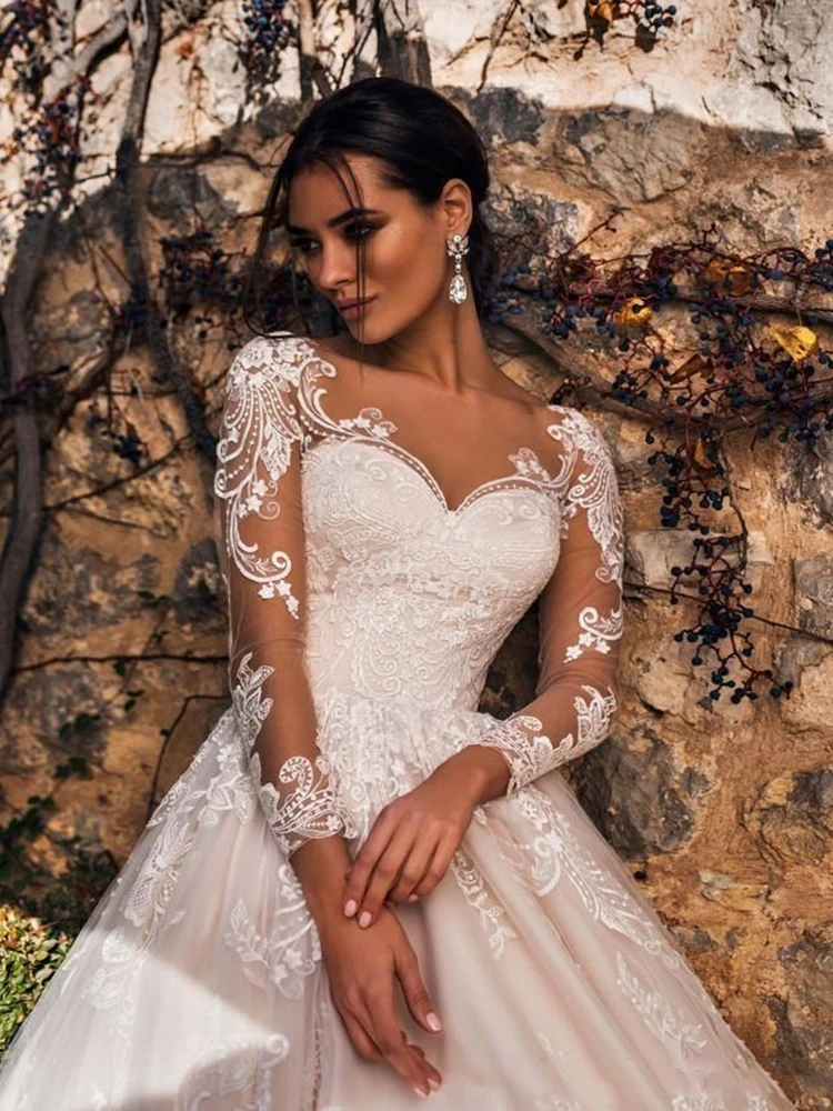 Venda quente elegante a linha vestidos de casamento rendas querida longo ilusão mangas varredura trem vestido de casamento vestidos de noiva de