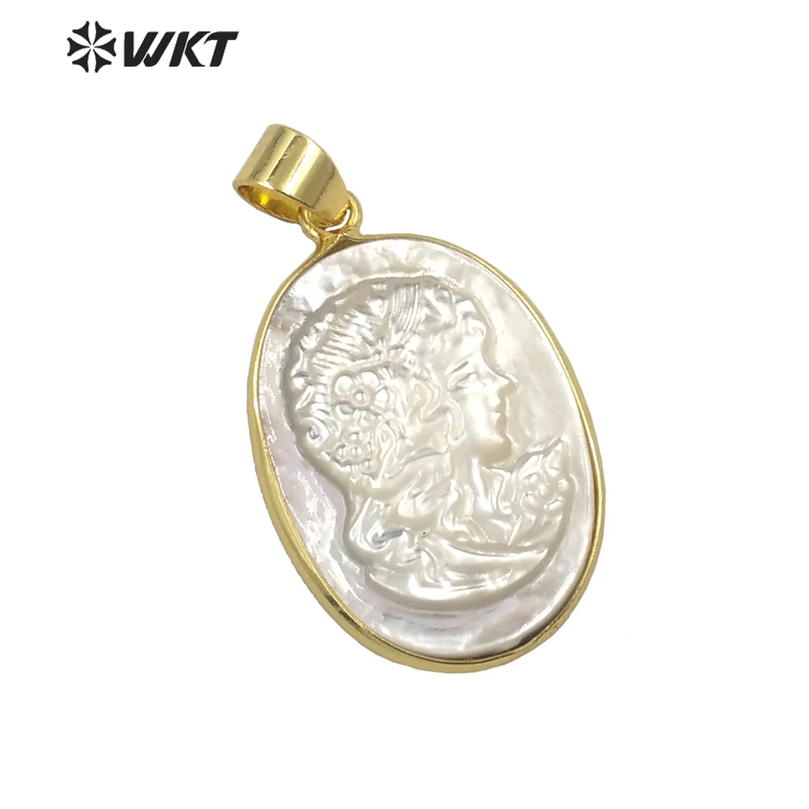 

WT-JP269 Gorgeous fashion gold bezel Natural pearl shel The Beauty Lady pendant Charming Queen shell jewelry pendant for necklac