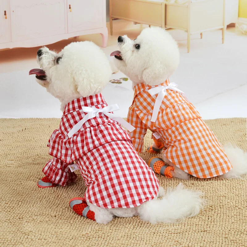 Red/Orange Summer Pet Plaid Dress Bow Wedding Dog Skirt Pet Princess Dresses Fashion Dog Clothes For Small Dogs Chihuahua Teddy