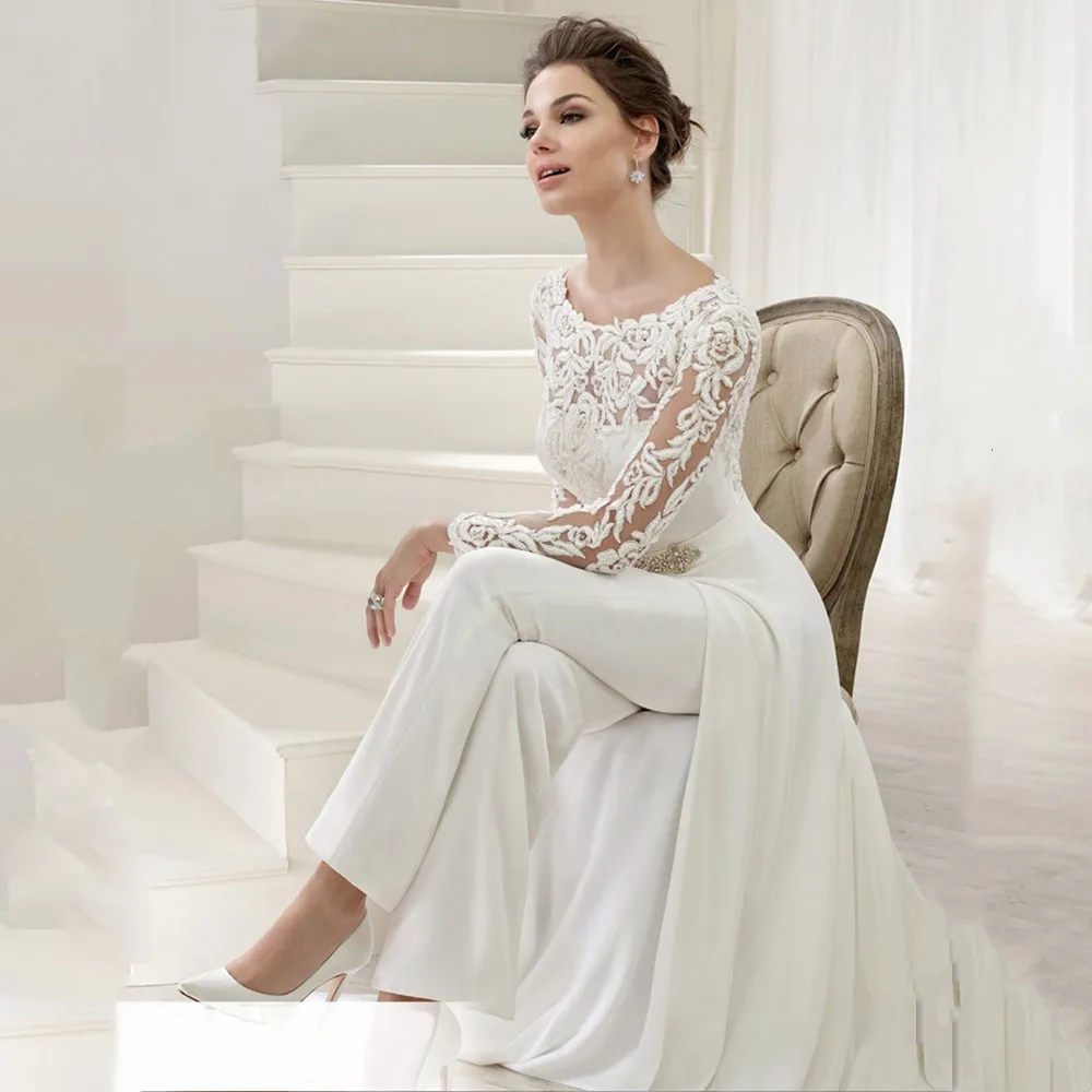 Jumsuit Váy Áo Có Thể Tháo Rời Tàu Tay Dài Cổ Chữ O Chính Thức Trắng Cô Dâu Áo Đính Hạt Vestidos De Novia 2021