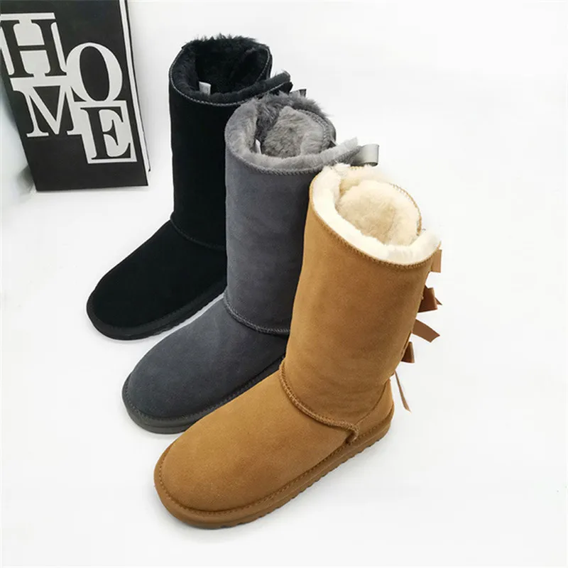 Three Bowknot 2023 Thick Plush Boots Women\'s Shoes Warm Shoes High Boots Winter Mujer Botas Genuine Leather Woman Snow Boots