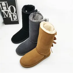 Three Bowknot 2023 Thick Plush Boots Women's Shoes Warm Shoes High Boots Winter Mujer Botas Genuine Leather Woman Snow Boots