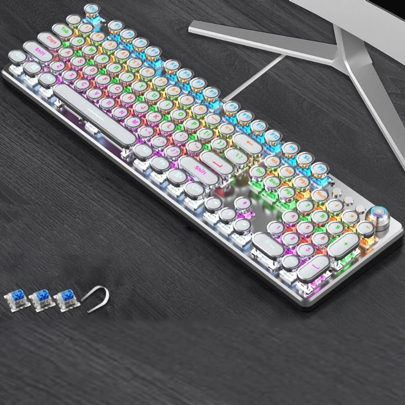 F19E Mechanical Gaming Keyboard,Blue Switches,USB Wireless ,Cool Wireless Retro Steam Punk Typewriter Round Keycaps