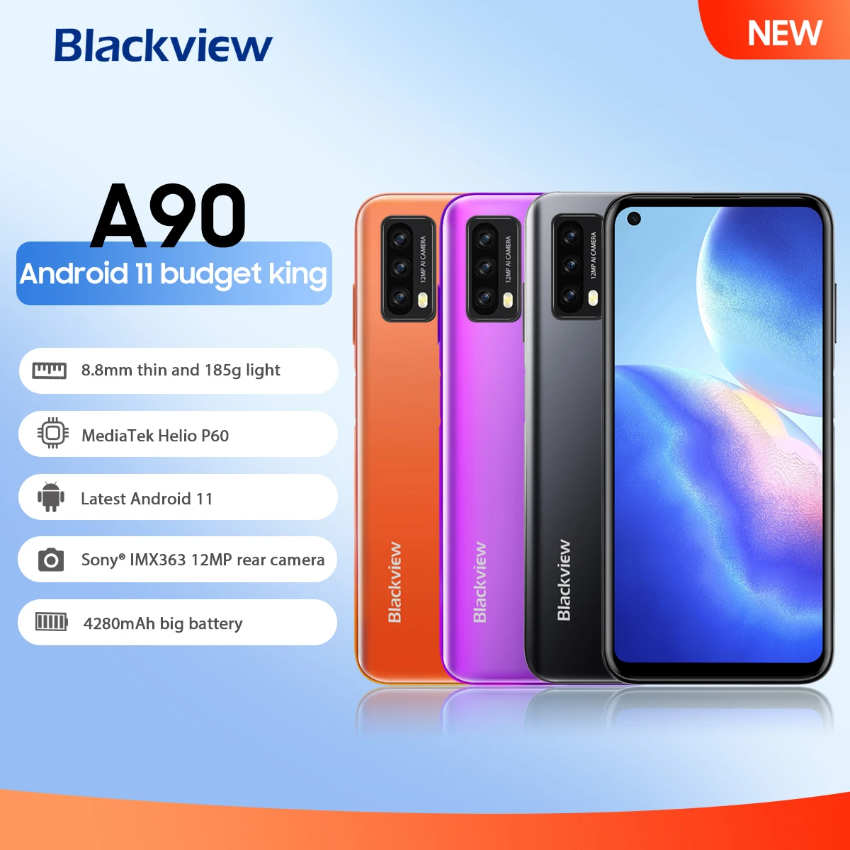 Blackview A90 Android 11 Smartphone Helio P60 Octa Core 4GB RAM 64GB ROM 6.39