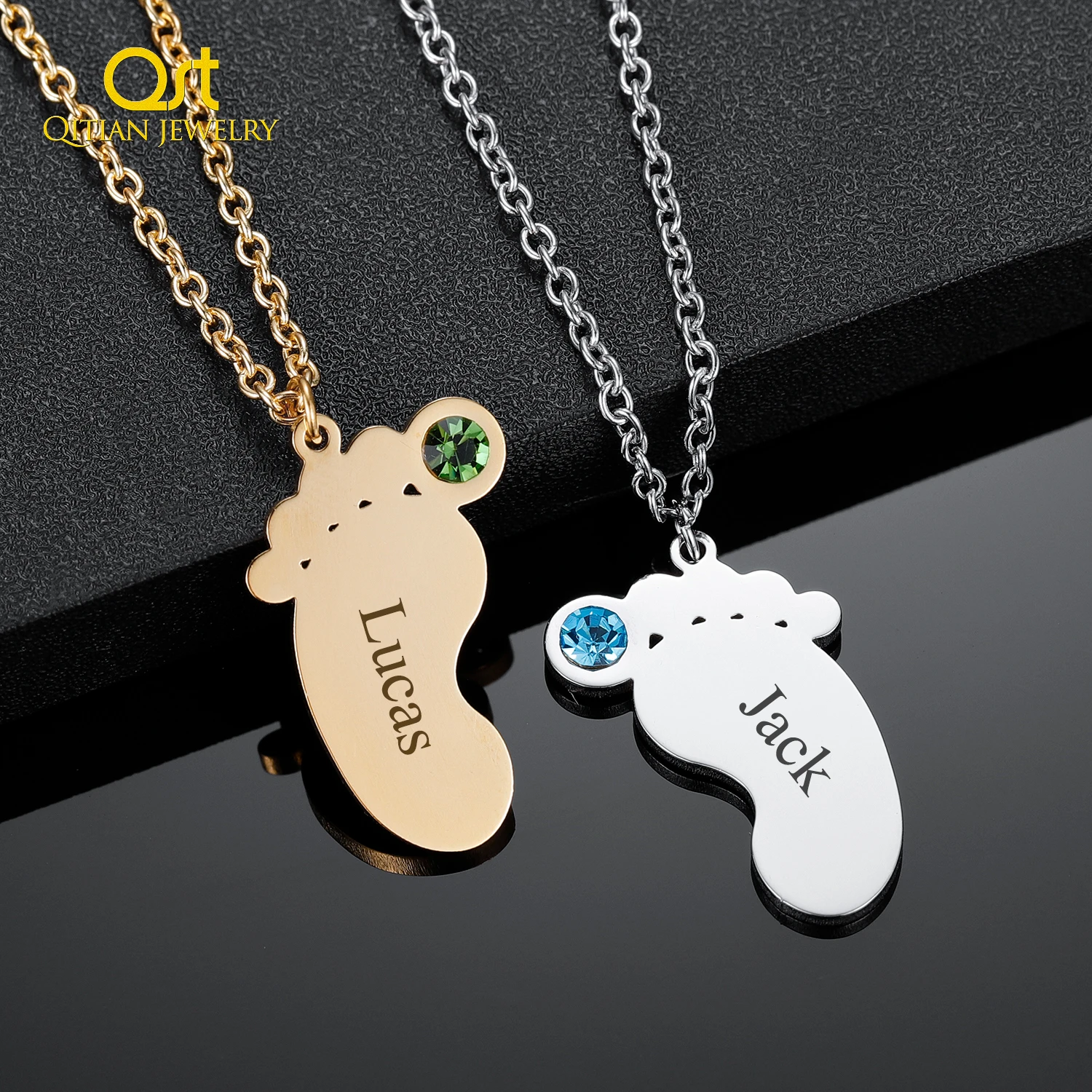 Baby Feet Necklace Engraved Name Necklace Stainless Steel Jewelry Personalized Name Chain With Birthstone Birthday Gift For Kids