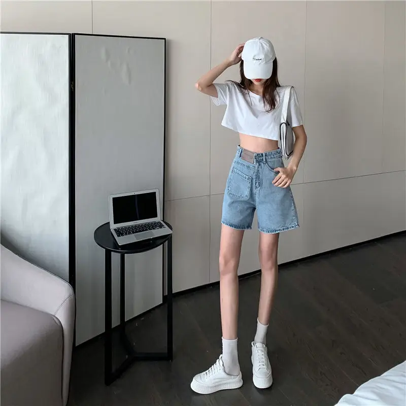 Pantaloncini di jeans Donna Blu Semplice Lunghezza al ginocchio Estate Casual Pantaloni tutto-fiammifero Studenti Streetwear Allentato A-line a vita alta Harajuku