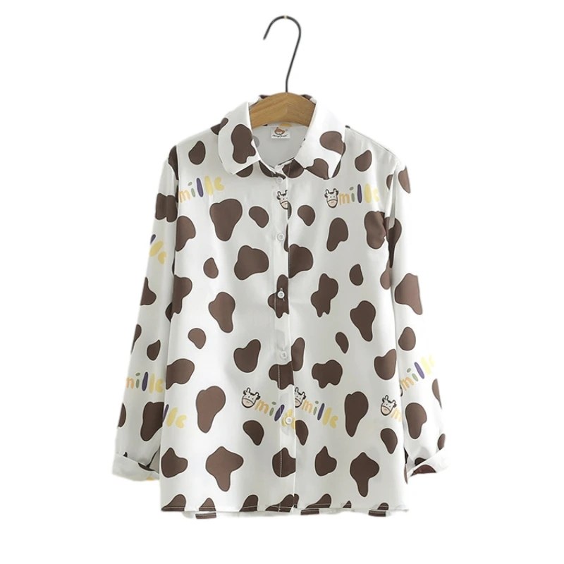 Japanese Fashion Women Blouses Vintage Kawaii Milk Cow Printed Button Down Shirt Spring 2021 Female Sweet Cute Long Sleeve Tops