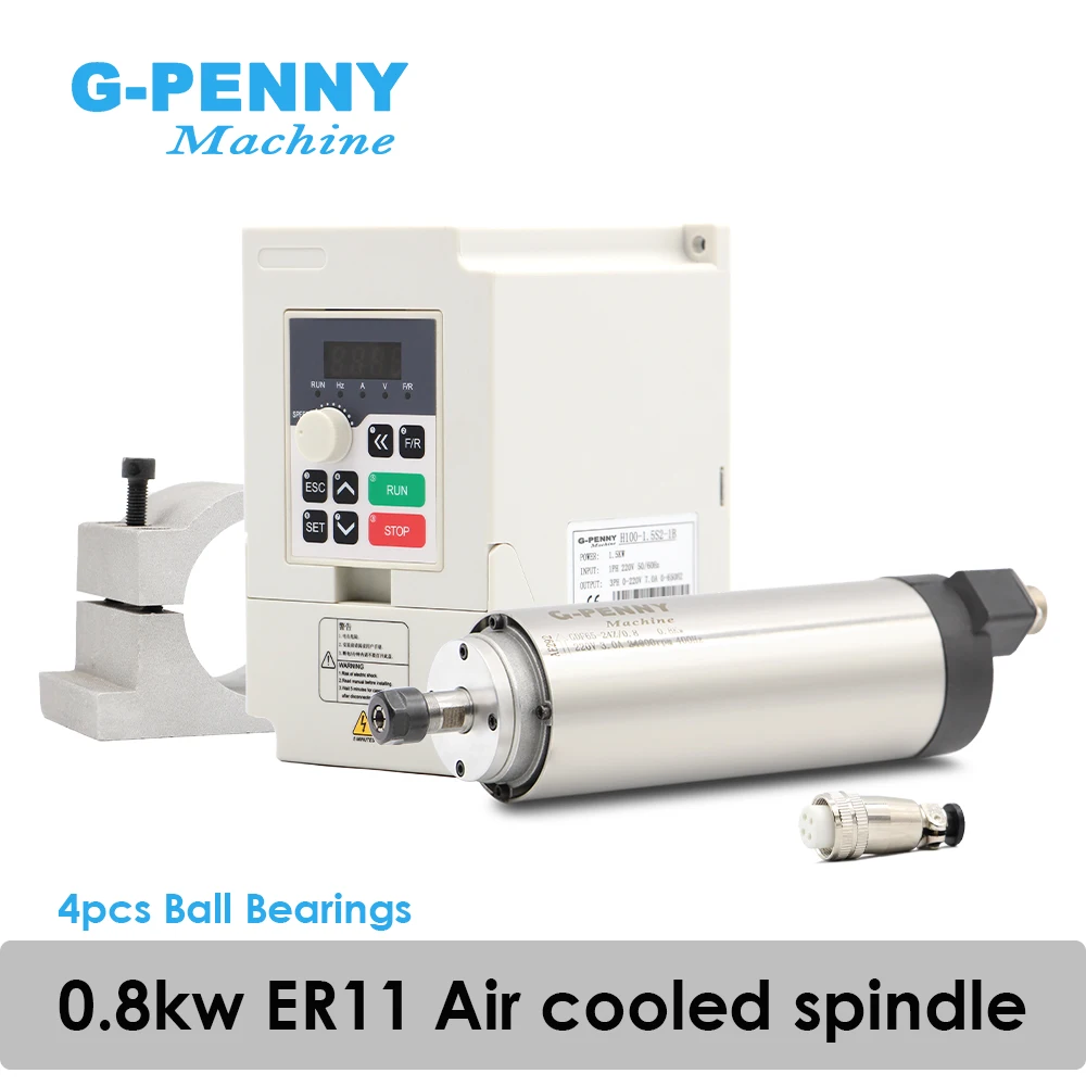 

G-Penny 220v 800w ER11 Air Cooled Spindle Motor D=65mm 4 Bearings Precision 0.01 & 1.5kw Frequency Drive & 65mm bracket clamp