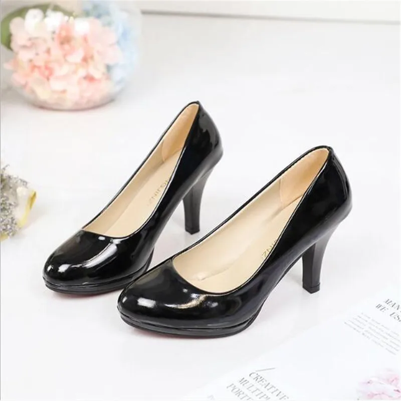 New Women Pumps Shoes Women PU Leather Shallow Slip-On Round Toe High heels Shoes Wedding Party derss shoes mujer size 34-42