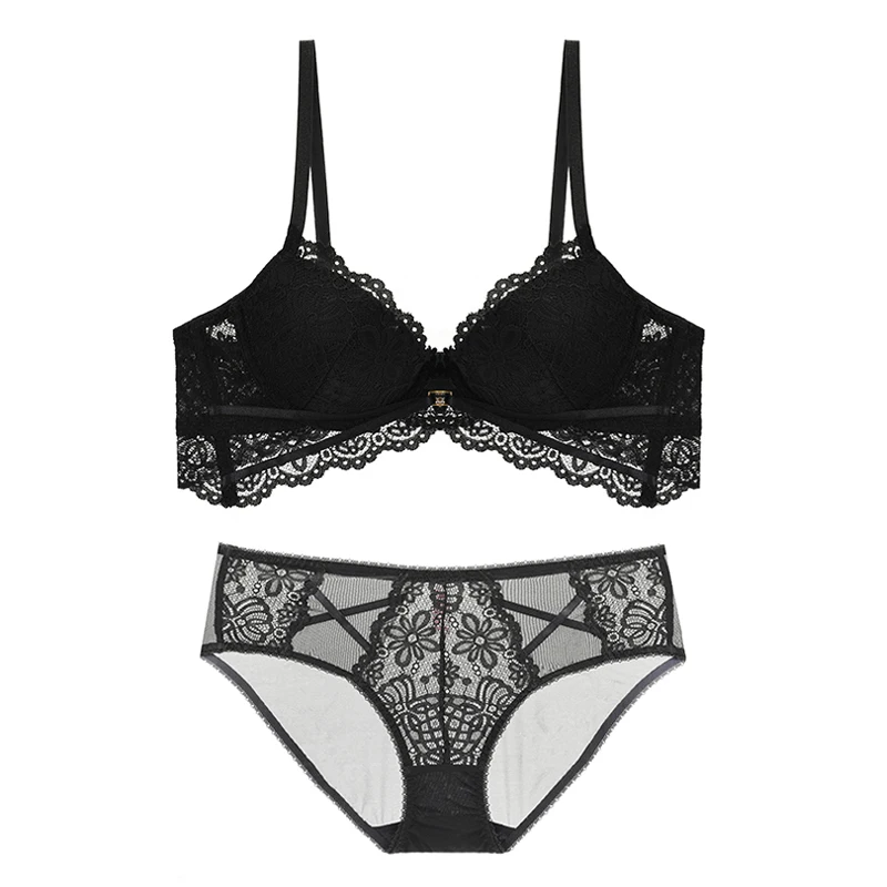 Black Women\'s Bra And Panties Set Thick Cotton Push Up Brassiere Embroidery Lace Women Underwear Plus Size Female Sexy Lingerie