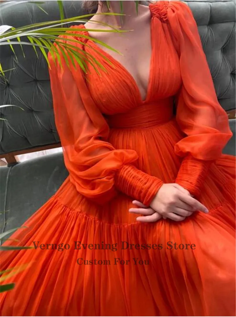 Verngo – robe de soirée ligne A en mousseline de soie, Orange vif, avec décolleté profond, manches bouffantes, robe de bal, pour occasions spéciales, nouvelle collection 2021