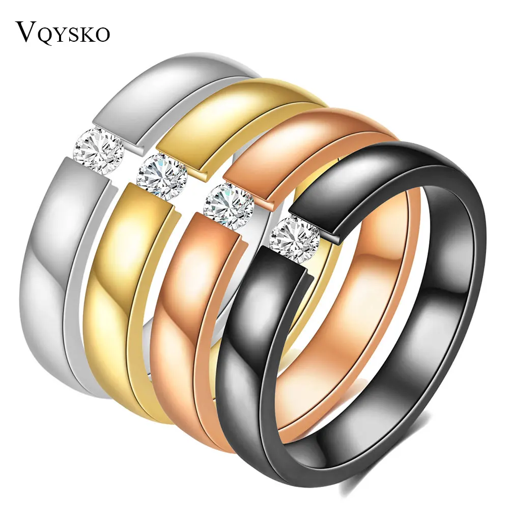 Fashion Solitaire Rings For Women 3mm Thin Stainless Steel Engagement Ring Ladies AAA CZ Stones Wedding Party Jewelry Bands