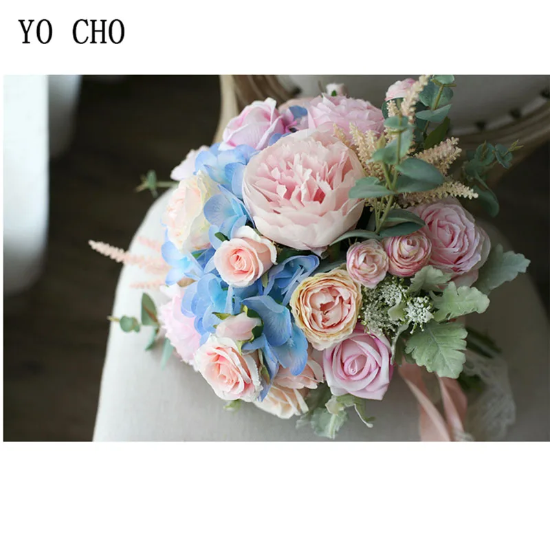 YO CHO Braut Hochzeit Bouquet Handgemachte Künstliche Seide Rose Hortensien Blume Rosa Blau Luxuriöse Bouquets Hochzeit Liefert