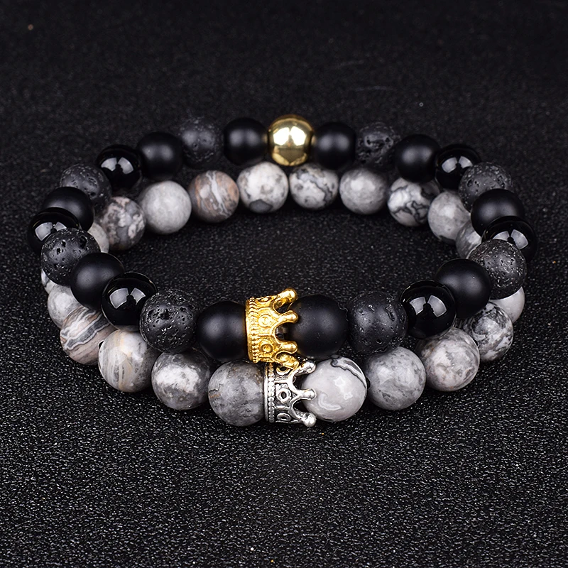 2pcs Charm Paired Bracelets Men Sets Crown Women's Bracelets Natural Stone Beads Wristband Couple Bracelet Gifts Friends Jewelry