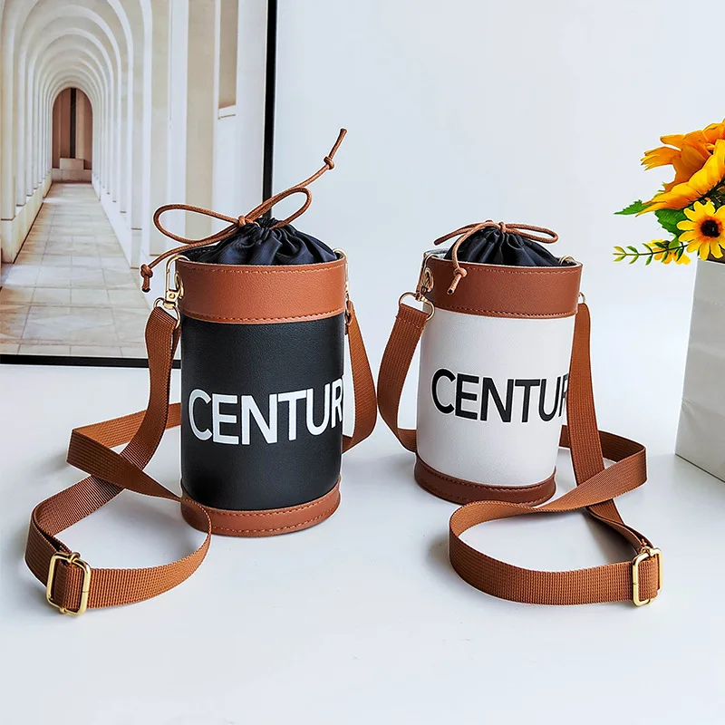 Fashion Mini Bucket Crossbody Bags For Women PU Leather Letter Shoulder Messenger Bag Barrel Shaped Casual Ladies Handbag