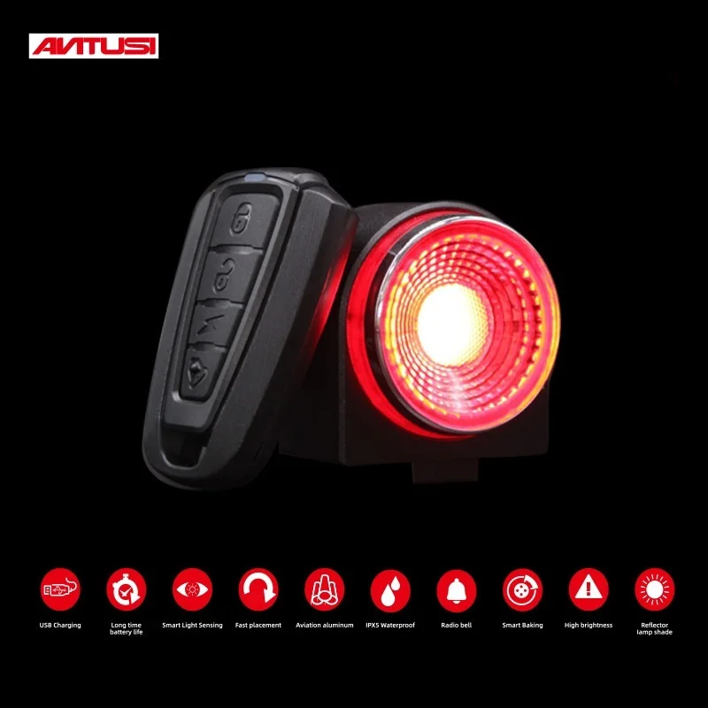 ANTUSI Road Bike Anti-theft Alarm Lock Automatic Brake Cycling Taillight Remote Control Bicycle Rear Light MTB Wireless Bell