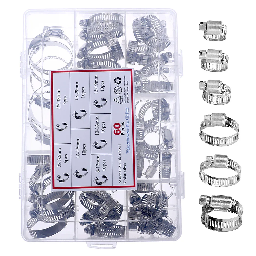 60Pcs Fuel Injection Hose Line Clamp Stainless Steel Adjustable Worm Gear Clamp Assortment