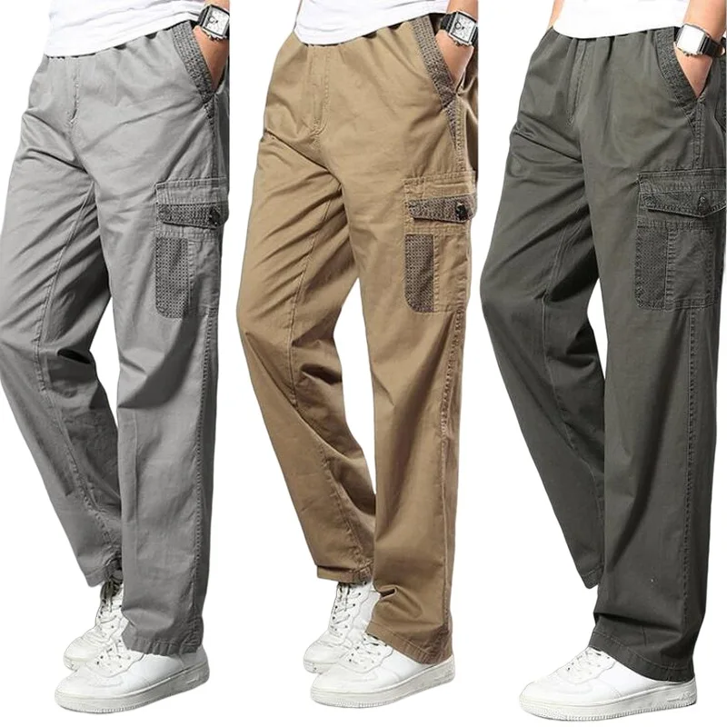 

Men Cargo Pants Casual Elastic Waist Multi Pocket Trouser Canvas Padded Wear-Resistant Welder Site Labor Protection Men Pants