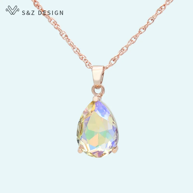 S&Z DESIGN New Fashion Water Drop Crystal Pendant Necklace For Women Wedding Party Fashion 585 Rose Gold Color Jewelry