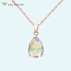S&Z DESIGN New Fashion Water Drop Crystal Pendant Necklace For Women Wedding Party Fashion 585 Rose Gold Color Jewelry