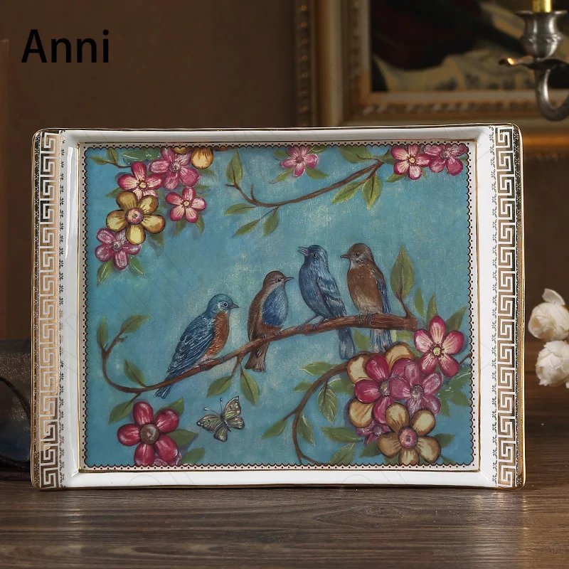 

Creative Painted Bird Ceramic Trays Decorative Nordic Vintage Rectangle Tea Set Storage Tray Bathroom Toiletries Organizer Plate