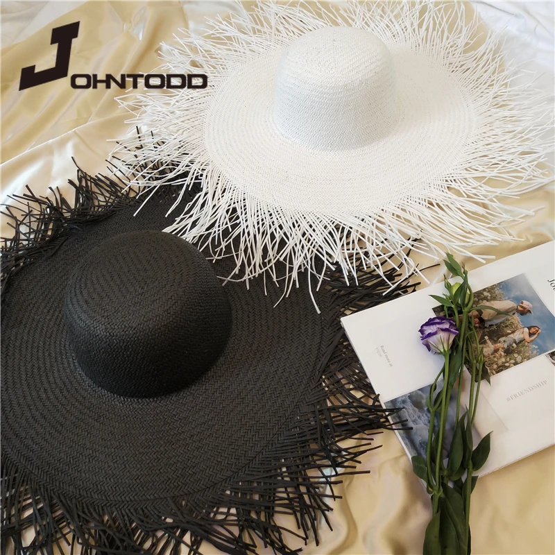 2021 High Quality Fashion Black White Large Women Straw Sun Hats Wide Brim Ladies Natural Raffia Panama Holiday Beach Sun Caps