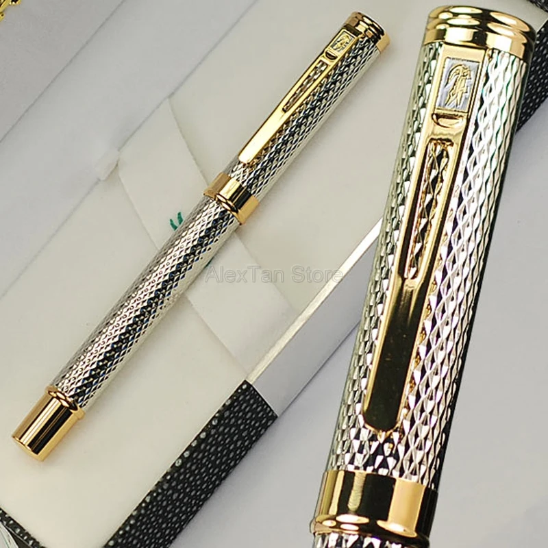 Crocodile 218 Fully Metal High Grade Fountain Pen, Beautiful Ripples Pettern Silver & Golden Color Gift Pen For Office & Home