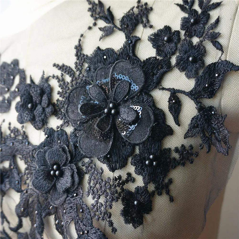 33CM Black Embroidered Flowers Rhinestone Appliques Sew On Patch Pearls Lace Trims Mesh Wedding For Bride Evening Dress DIY