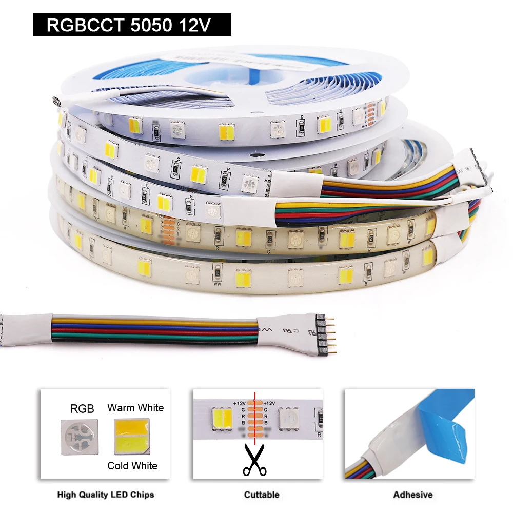 12V 24V 5050 LED Strip RGB CCT RGBCCT RGB Warm Light White Waterproof 5M 300LED Flexible LED Tape Lights White Blue Warm White