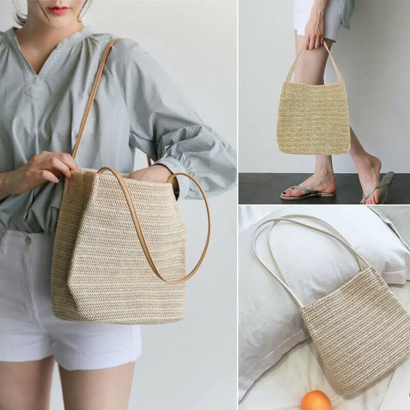 Bolso de mano de playa para mujer, bolsa de mimbre, de compras, de paja de ratán, cruzado, cesta