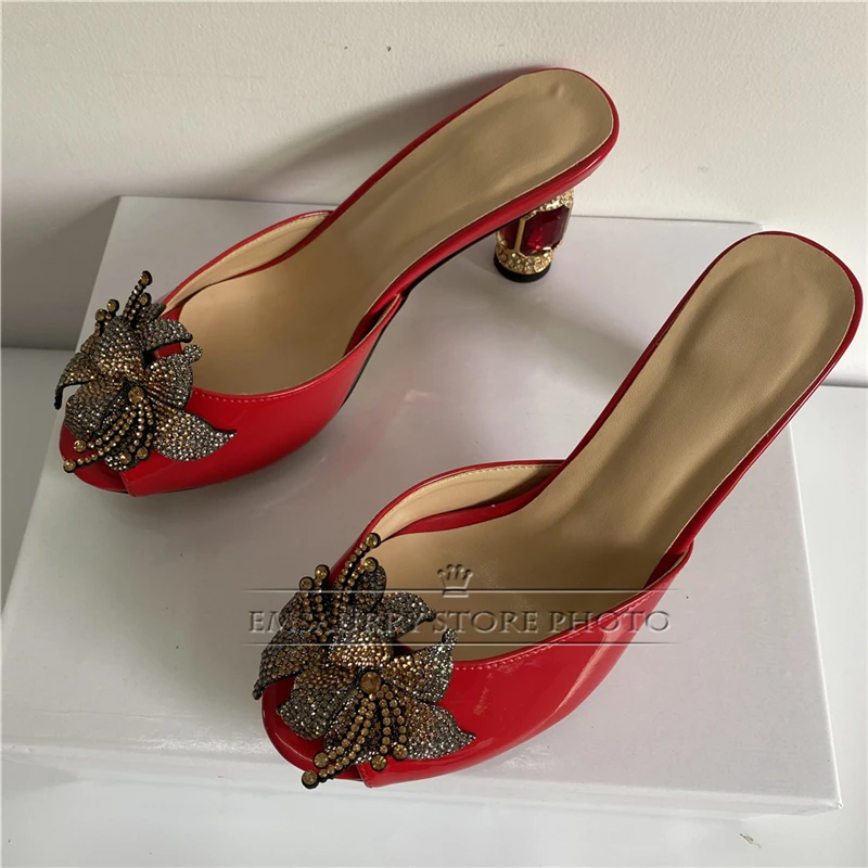 Diamond Flower Sandals For Girls Women 2024 Jeweled Rhinestone Heel Slingbacks Peep Toe Patent Leather Summer Mules Lady