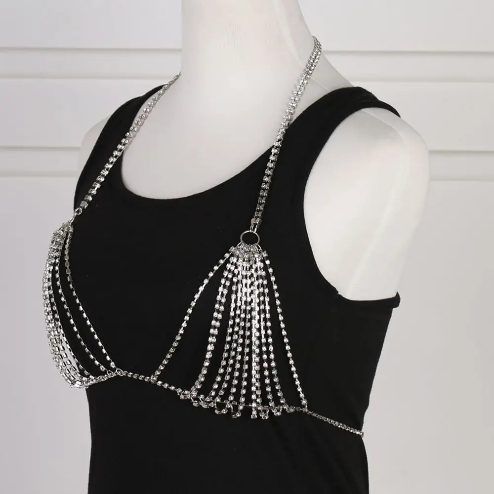 Rhinestone biustonosz z łańcuszkiem biżuteria plażowa Body błyszczący kryształowy biustonosz w klatce piersiowej Bralette uprząż Bikini łańcuszek