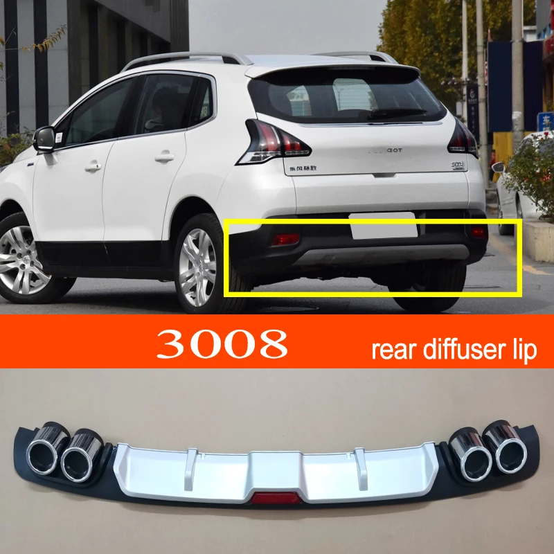 3008 ABS Plastic Silver / Black Car Rear Bumper Rear Diffuser Spoiler Lip for Peugeot 3008 Hatchback