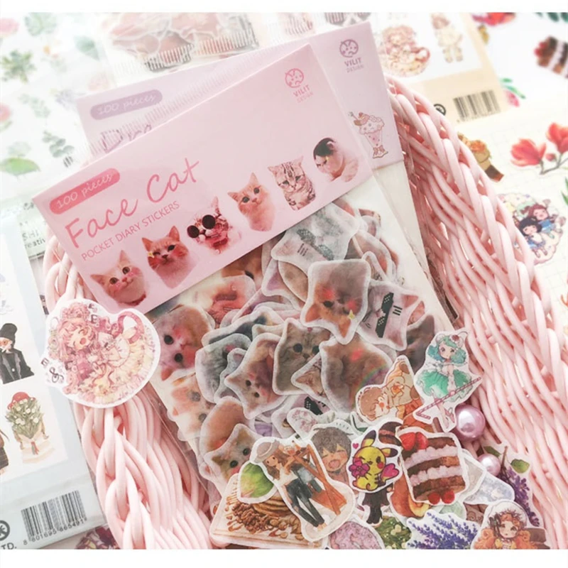 100Pcs Leuke Pocket Dagboek Stickers Set Mini Kat Huisdier Bladeren Bloem Cake Regenboog Sticker Diy Zelfklevende Post Decoratie Gift a6060