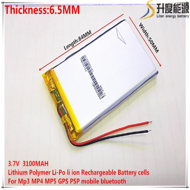 Free shipping 1pcs/lot 655084 3.7 V lithium polymer battery 3100 mah DIY mobile emergency power charging treasure battery