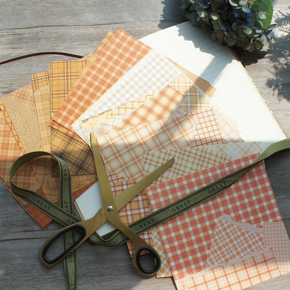 

2 Material Paper 30 Pcs DIY Brown Yellow Plaid Collage Theme Handmade Background Use Craft Paper Scrapbooking Creative Gift Use