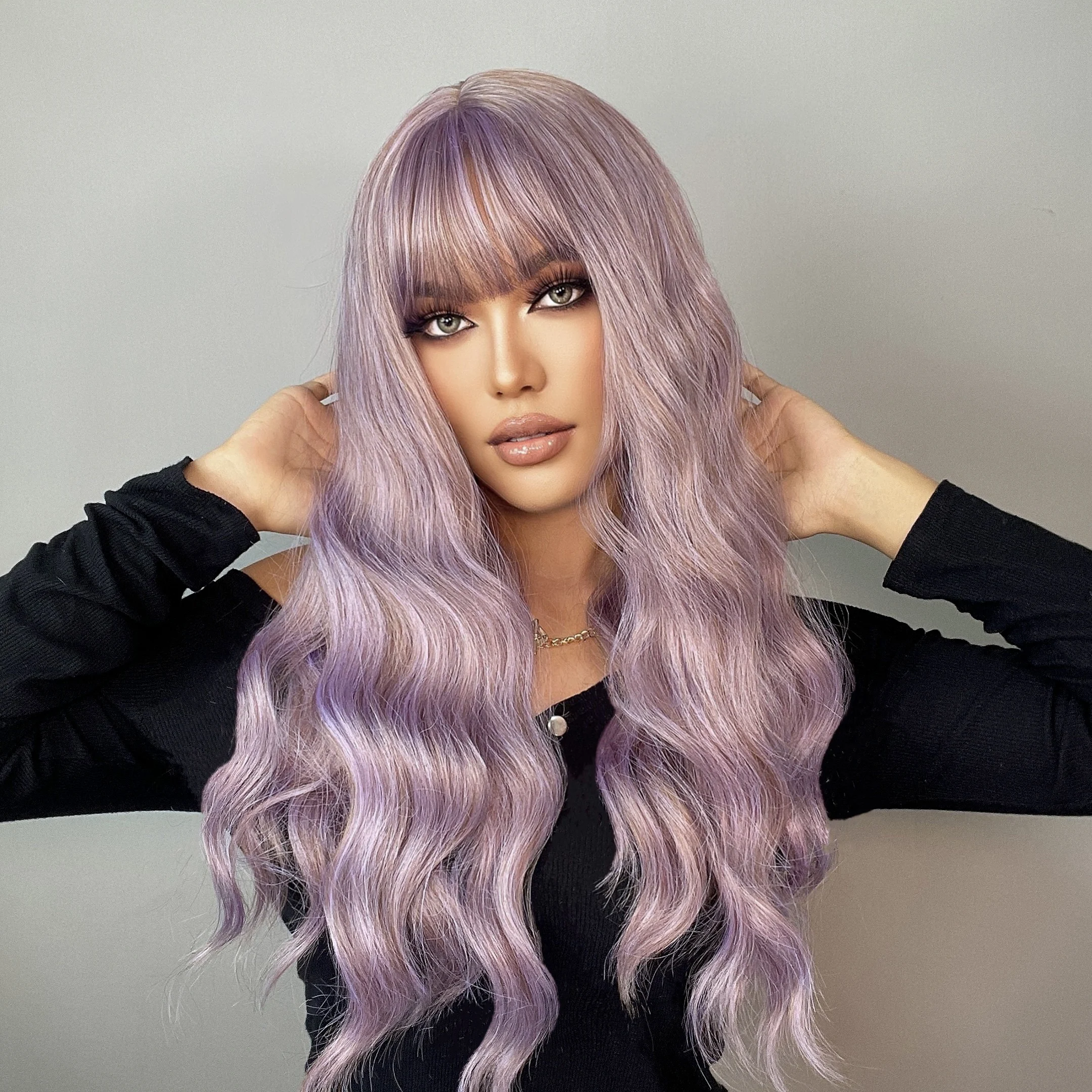 HENRY MARGU Long Wavy Synthetic Wigs with bangs Lolita Cosplay Party Wigs for Women Lilac Purple Brown Afro Natural Hair Wigs