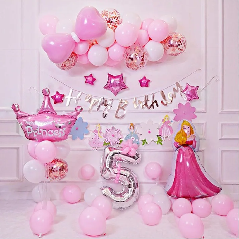 Pink Princess Theme Balloons for Baby Girl, Happy Birthday Party Banner, Garland Background Decoration 1 2 3 4 5 6 7 8 Years Old