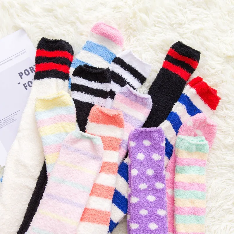 Soft Coral Fleece Knee Socks Winter Warm Girl Women Cute Cartoon Animal Stockings Striped Cozy Thigh High Christmas